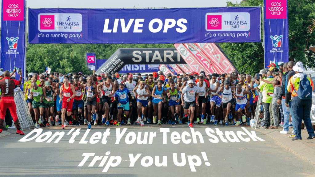 Marathon runners lineup under a start banner that says LiveOps.