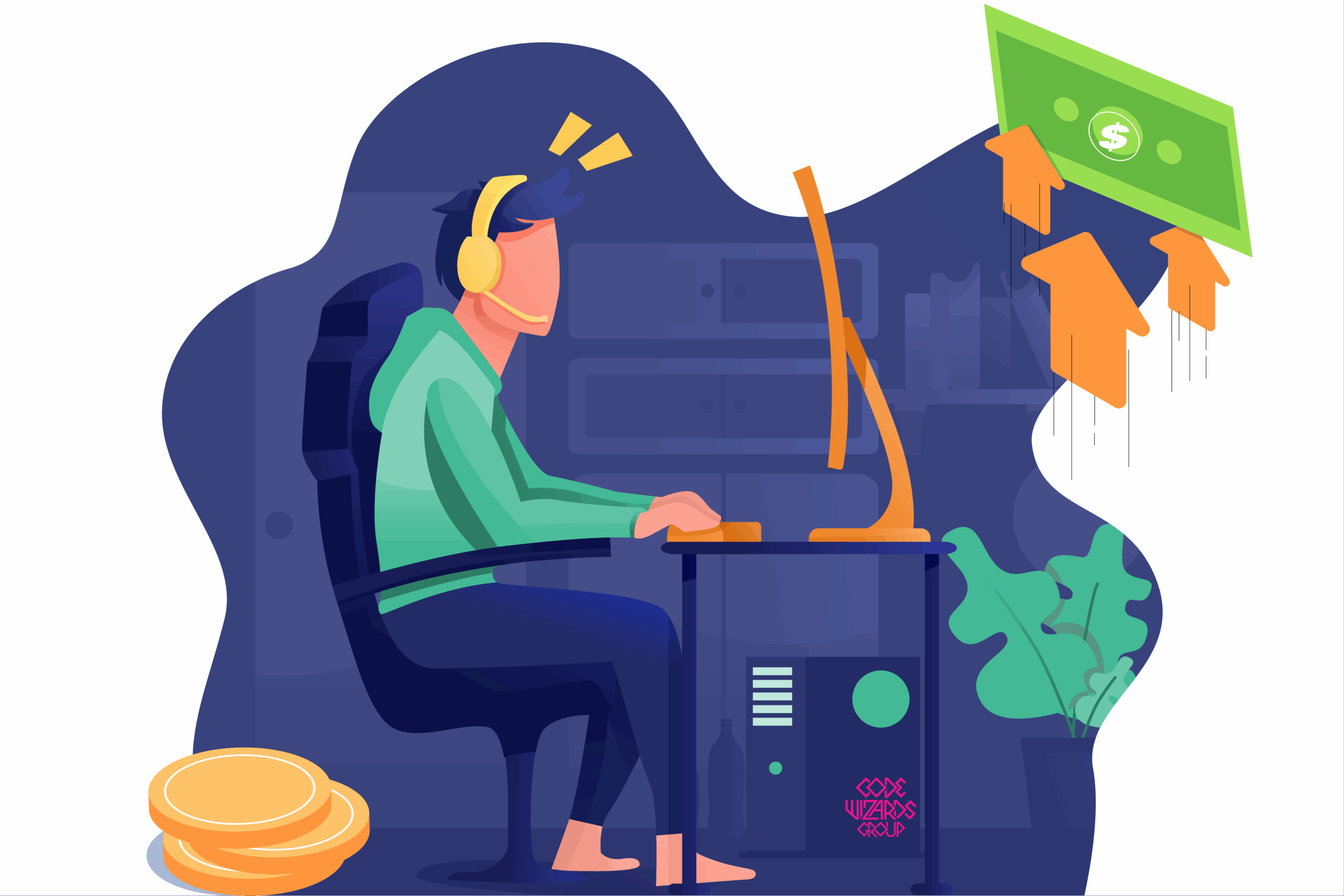 Illustration of a man using a PC. Dollar signs and arrows up suggest he is saving or making money.